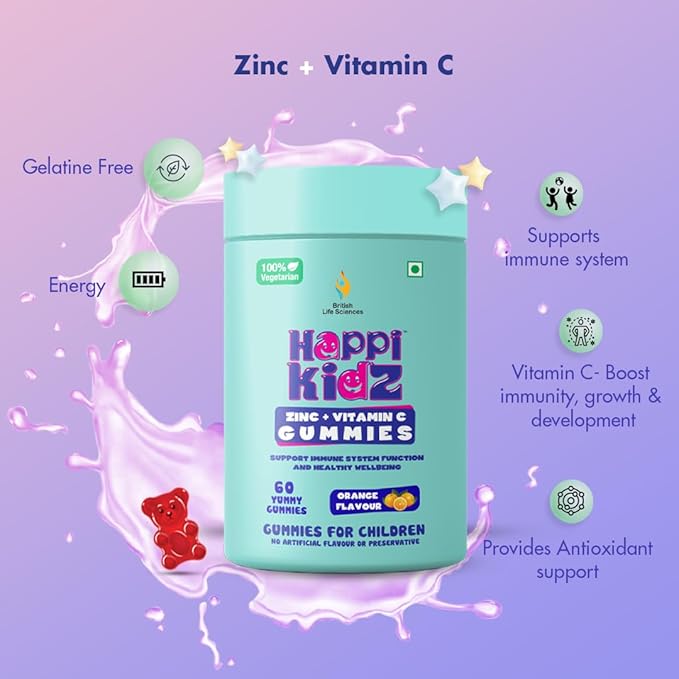 British Life Sciences Happi Kidz Iron + Vitamin C Gummies & Happi Kidz Zinc+Vitamin C Gummies Combo | Natural, Strong Bones, Muscles and Teeth, Boosts Immunity