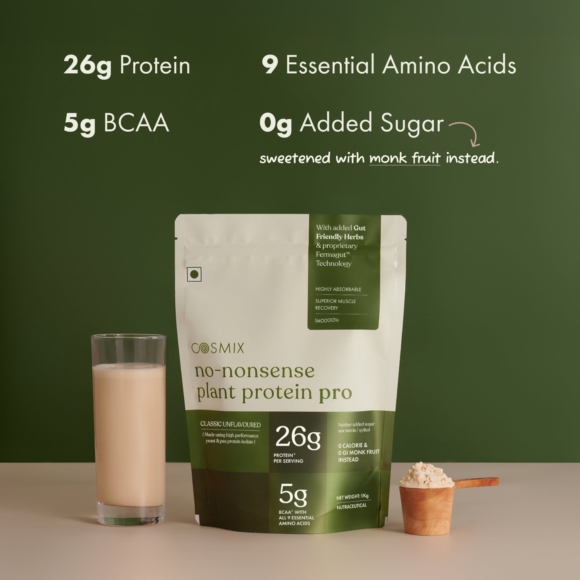 Cosmix No-Nonsense Plant Protein Pro | 26g Protein/Serve | Classic Unflavoured | Yeast Powered Plant-Based Protein | PDCAAS of 1 | Light On Gut, Superior Muscle Recovery - 500g