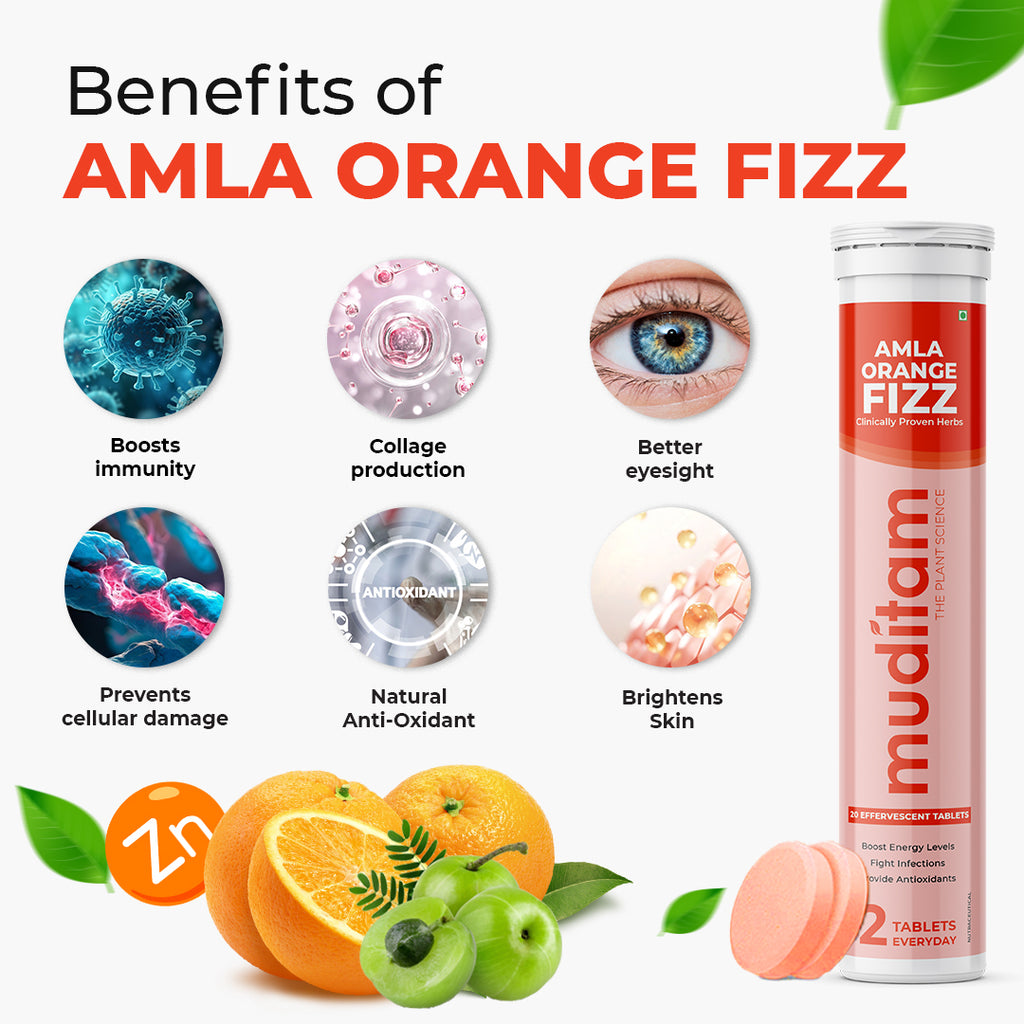 Muditam Ayurveda Amla Orange Fizz Tablet | Vitamin C Effervescent tablets for Skin, Hairs & Eyes | Amla Orange Extract 120 Effervescent Tablets | Immunity Booster - Antioxidant Builder