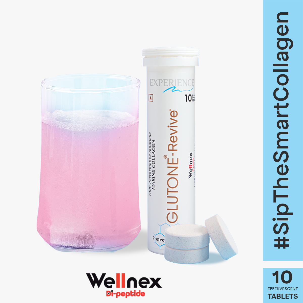 Glutone-Revive Effervescent Collagen Tablets – 2500 mg Wellnex Di-Peptide Marine Collagen|Supports Skin Hydration, Elasticity, Smooth Texture | For Men & Women | 60 Blueberry Flavour Tablets
