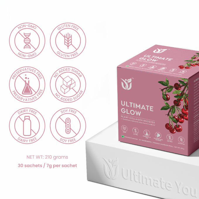 Ultimate Glow | Natural Collagen Booster | Orange Flavour | 20+ Ingredients | Boost Skin Radiance and Glow,Strengthen Hair,Reduce Dark spots,Wrinkles,Acne and Scars | Vitamin C,Biotin,Zinc | 210 Grams