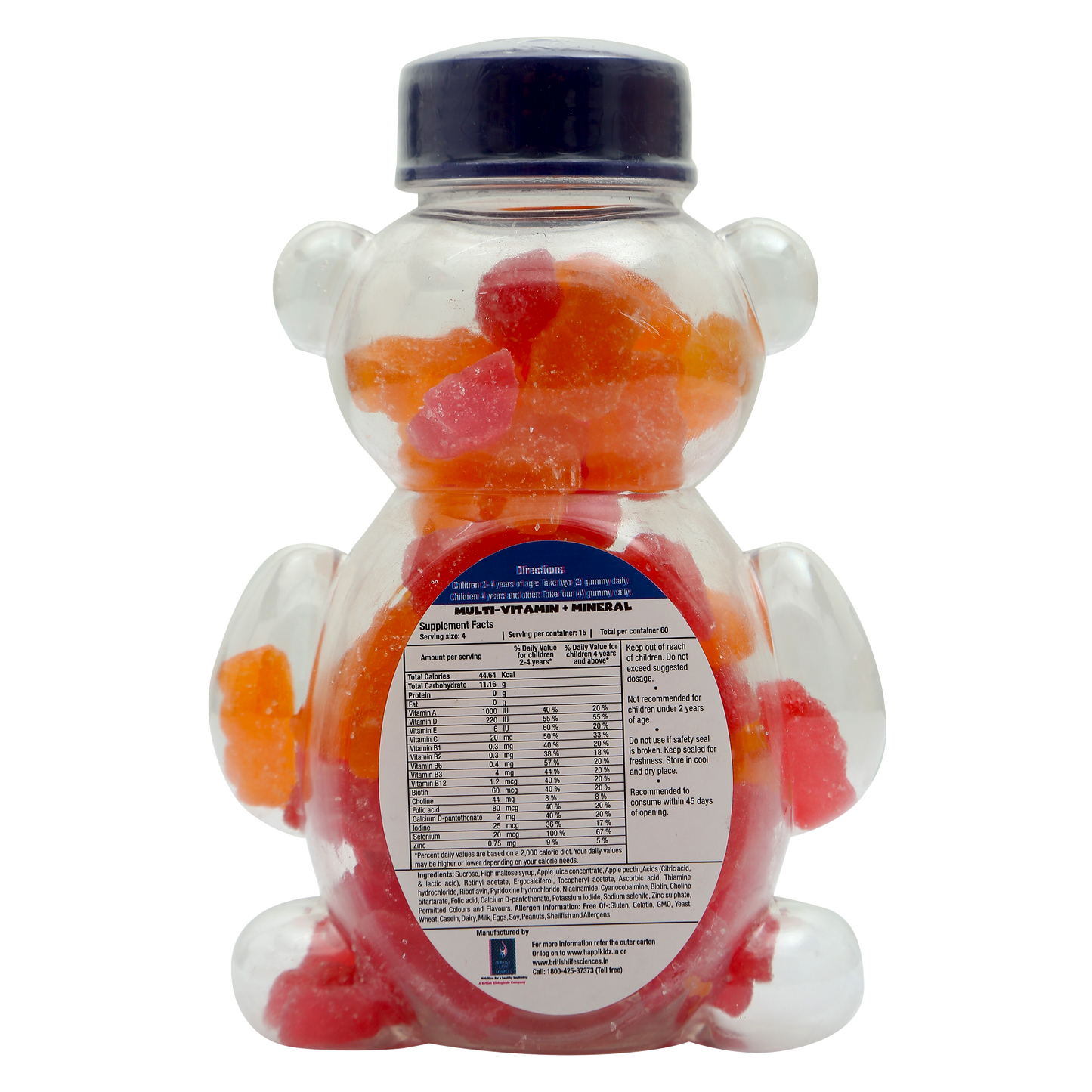 Happi Kidz Multivitamin Gummies For Kids - (60 Count Gummy Bears) - with 16 essential vitamins and minerals - Supports Growth and Immunity -Orange & Strawberry - Children above 2 years - British Lifesciences