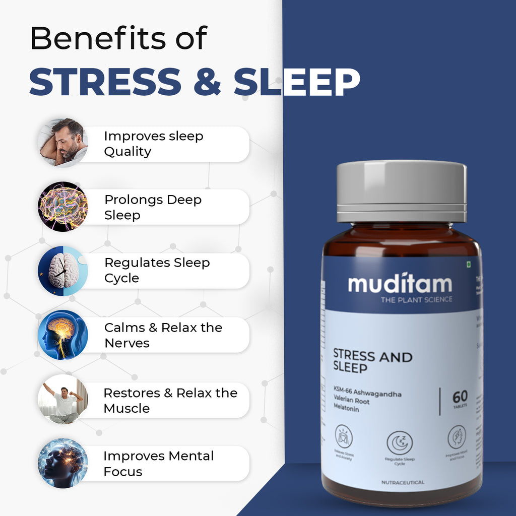 Muditam Ayurveda Stress and Sleep With Muscle Recovery & Nerve Relaxation | Helps You Sleep Soundly and Relieve Sore Muscles, Wake Up Fresh & Energetic | For Men & Women | 120 Tablets