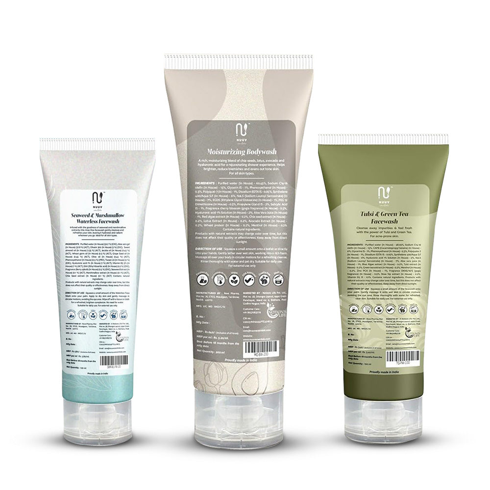 Nuuv Essential Combo - Tulsi & Green Tea Facewash | Moisturizing Bodywash | Waterless Facewash | Hydra Glow Trio | Vegan | Paraben-Free | For All Skin Types | 100ml + 200ml + 100ml