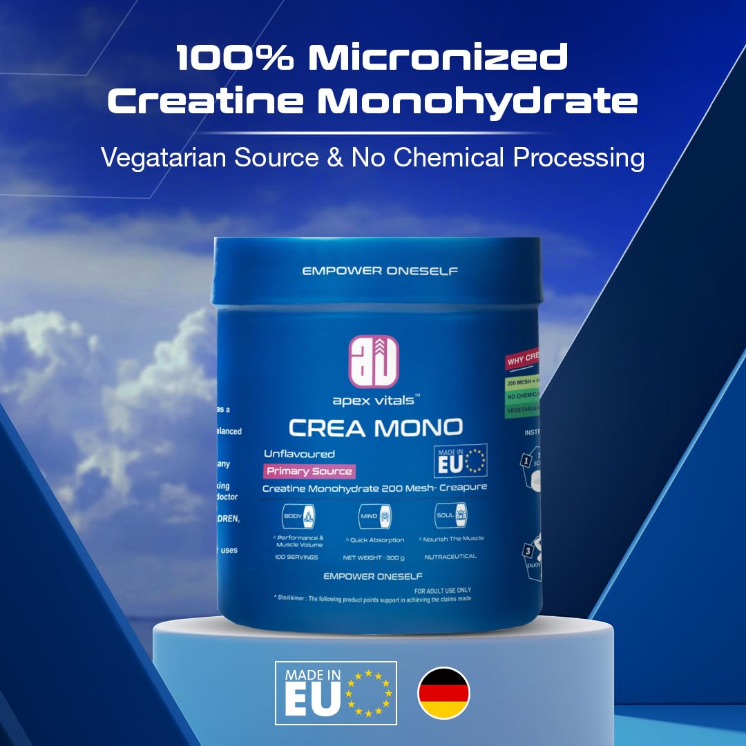 Apex Vitals Crea Mono Micronized Creatine Monohydrate 300 G - 100 Ser | German Made | Pharma Grade | Made In Europe | FDA,EFSA & FSSAI Certified | 200 Mesh - Highest Filteration | Fermented & Vegetarian Source