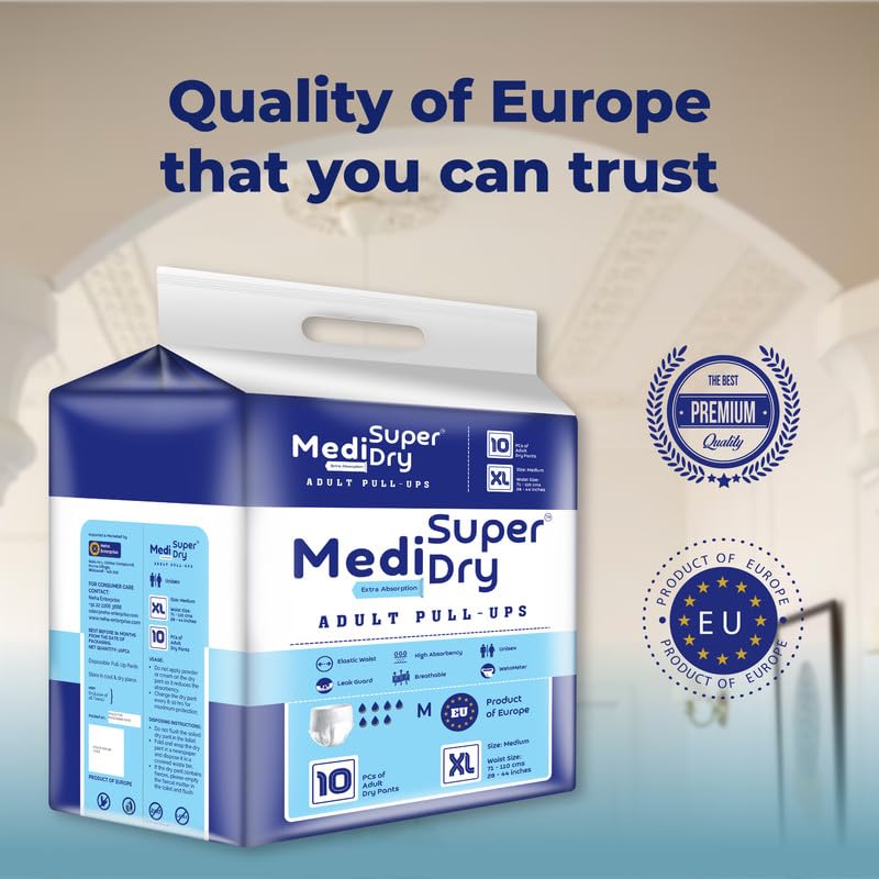 Medisuperdry Adult Diaper Pants | Extra Large (XL) |Waist 147-172 cm (58-68 inches) |High Absorbency -10 Hrs |Leakproof |Breathable |Odourless |Elastic Waist |For Men & Women | 50 Units, Pack of 5