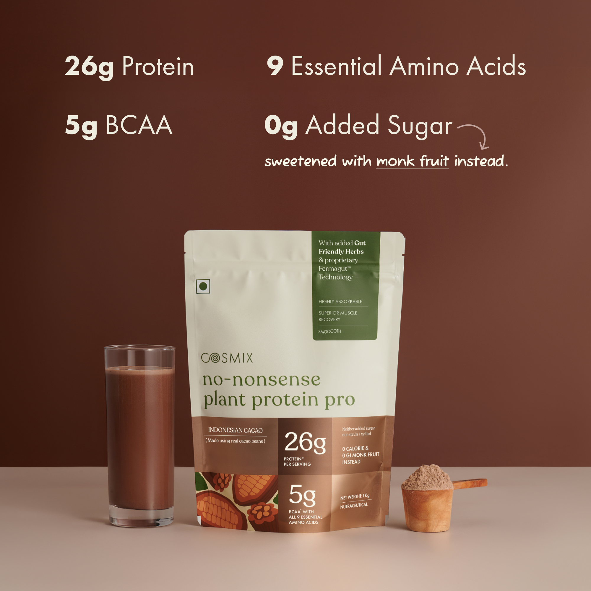 Cosmix No-Nonsense Plant Protein Pro | 26g Protein/Serve | Indonesian Cacao | Yeast Powered Plant-Based Protein | PDCAAS of 1 | Light On Gut, Superior Muscle Recovery - 1kg