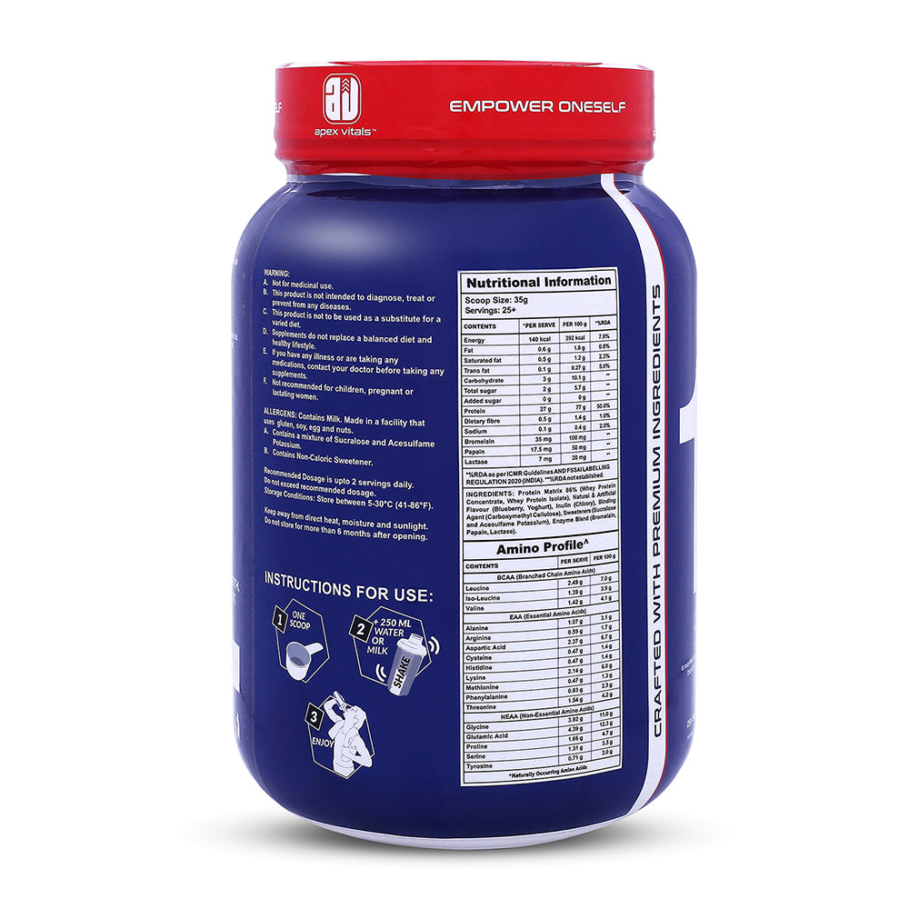 Apex Vitals 1 Whey|Grass-Fed Whey|Made In Europe|FDA,EFSA & FSSAI Certified|27g Protein, 10g EAA+ 5g BCAA|Concentrate 80-60%, Isolate 86-40%,Digestive Enzymes|2lbs (900g)-25+ Ser- Blueberry Yoghurt