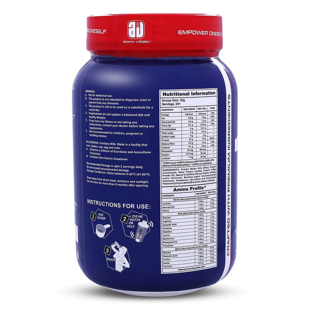 Apex Vitals 1 Whey|Grass-Fed Whey|Made In Europe|FDA,EFSA & FSSAI Certified|27g Protein, 10g EAA+ 5g BCAA|Concentrate 80-60%, Isolate 86-40%,Digestive Enzymes|2lbs (900g)-25+ Ser- Iced Espresso