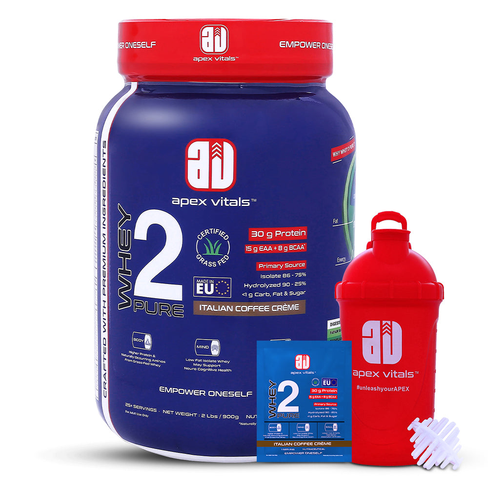 Apex Vitals Whey 2 Pure - Grass-Fed Whey Made in EU | Whey Isolate & Hydrolyzed | 30g Protein, 15g EAA, 8g BCAA | Digestive Enzymes | Muscle Build & Recovery |Italian Coffee Cream - 900g (2 lbs), Shakers, Samples