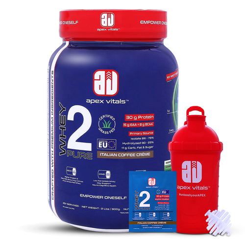 Apex Vitals Whey 2 Pure - Grass-Fed Whey Made in EU | Whey Isolate & Hydrolyzed | 30g Protein, 15g EAA, 8g BCAA | Digestive Enzymes | Muscle Build & Recovery |Italian Coffee Cream - 900g (2 lbs), Shakers, Samples