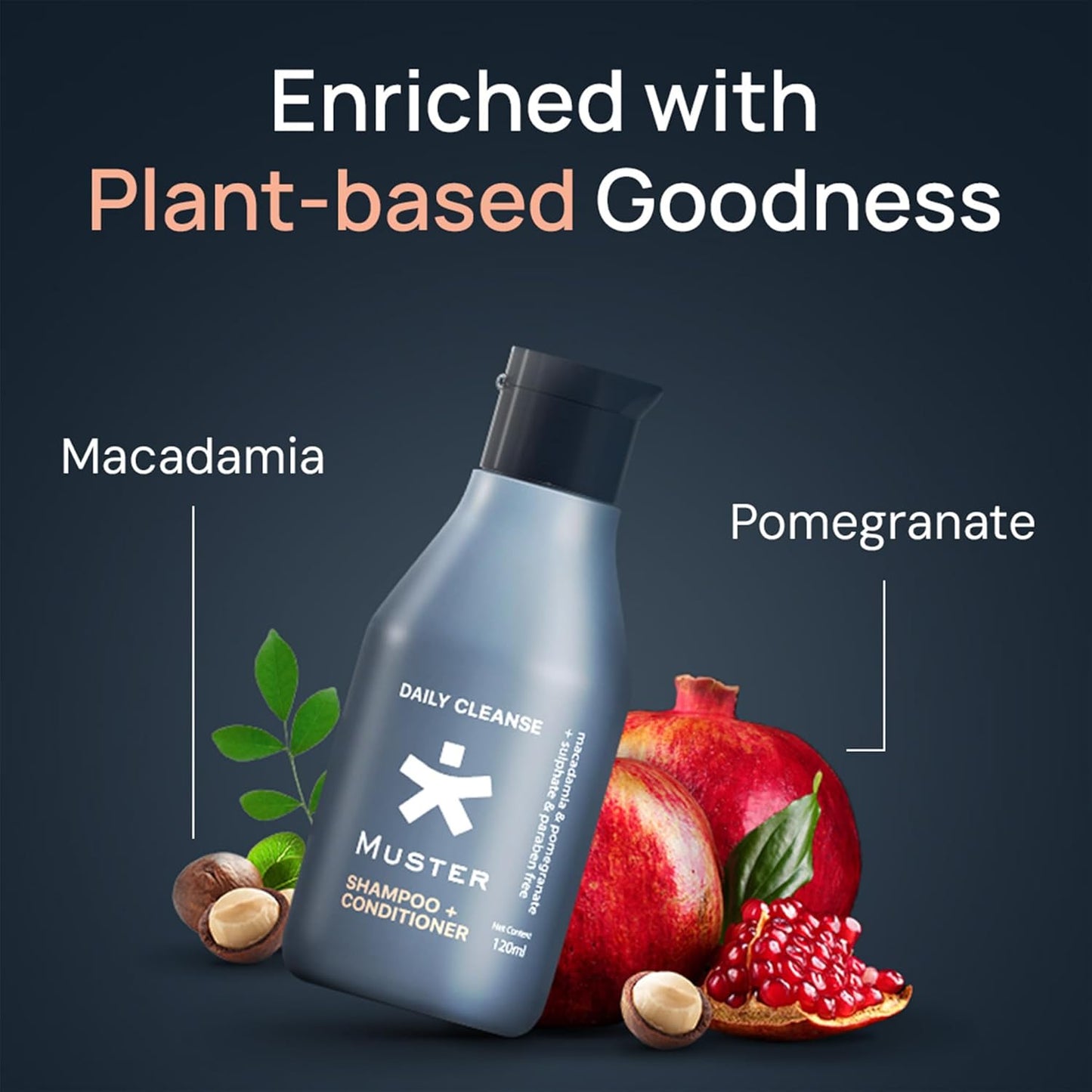 Muster Deep Cleanse Shampoo & Conditioner for Men | 120 ML | Sulphate & Paraben Free | Macadamia and Pomegranate Extracts | 2-in-1 Shampoo+Conditioner | UV Protection | Hair Growth