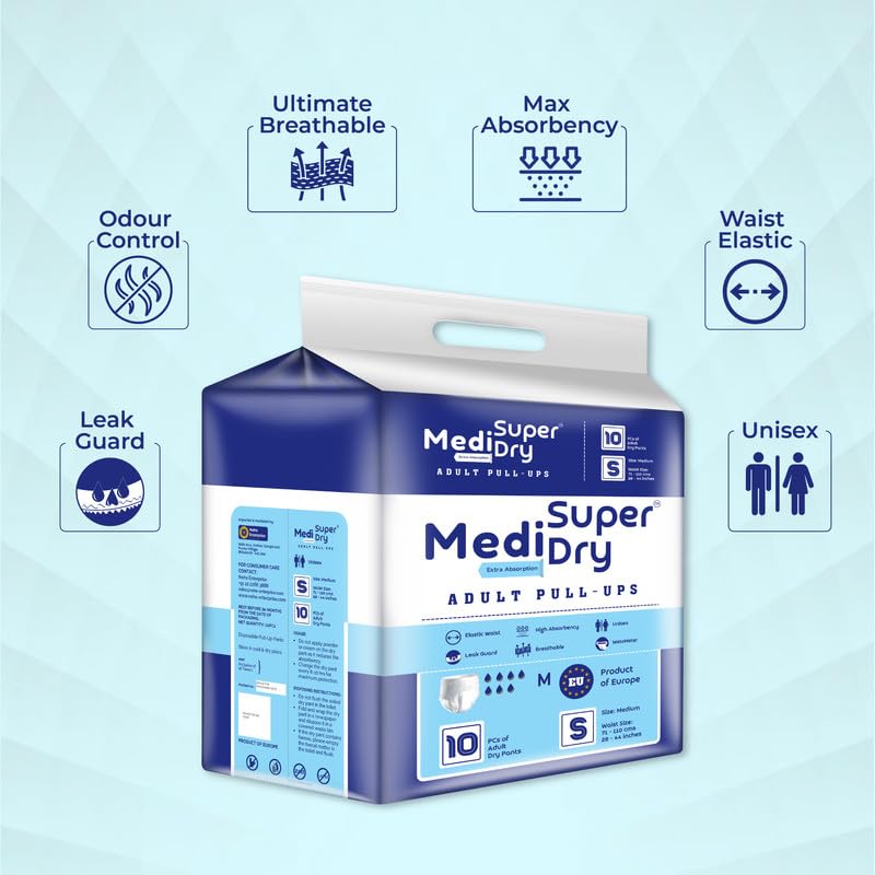 Medisuperdry Adult Diaper Pants | Small (S) |Waist 51-81 cm (20-32 inches) |High Absorbency -10 Hrs |Rash-Free |Leakproof |Breathable |Odourless |Elastic Waist |For Men & Women | 50 Units, Pack of 5