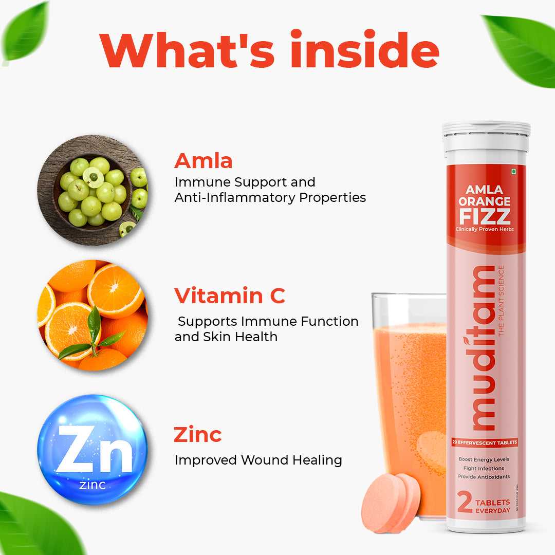 Muditam Ayurveda Amla Orange Fizz Tablet | Vitamin C Effervescent tablets for Skin, Hairs & Eyes | Amla Orange Extract 40 Effervescent Tablets | Immunity Booster | Antioxidant Builder