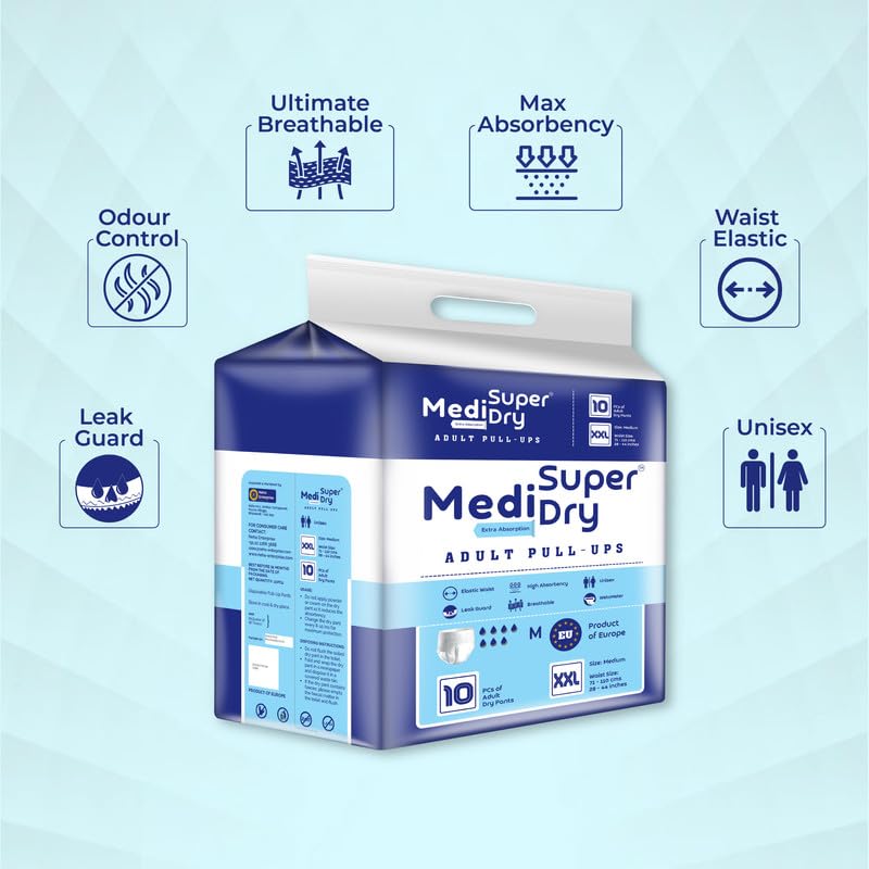 Medisuperdry Adult Diaper Pants | Double Extra Large (2XL) |Waist 152-205 cm (60-80 inches) |High Absorbency -10 Hrs |Leakproof |Breathable |Odourless |Elastic Waist |Men & Women|100 Units, Pack of 10