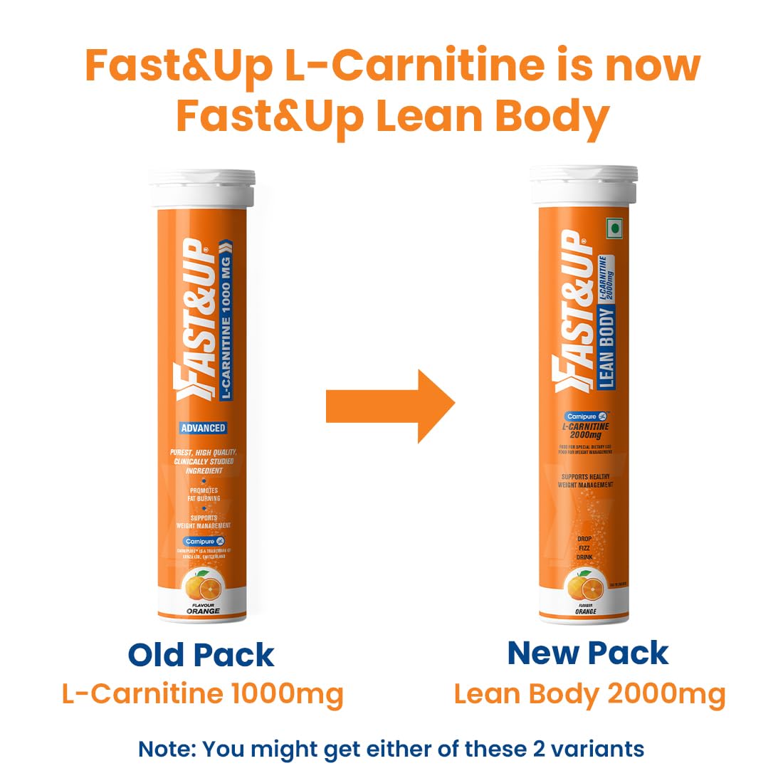 Fast&Up L-Carnitine Lean Body - Helps Convert Fat into Energy, 2000 mg Carnipure TM L-Carnitine Sourced from Lonza Switzerland - Pack of 60 Effervescent Tablets, Orange Flavour