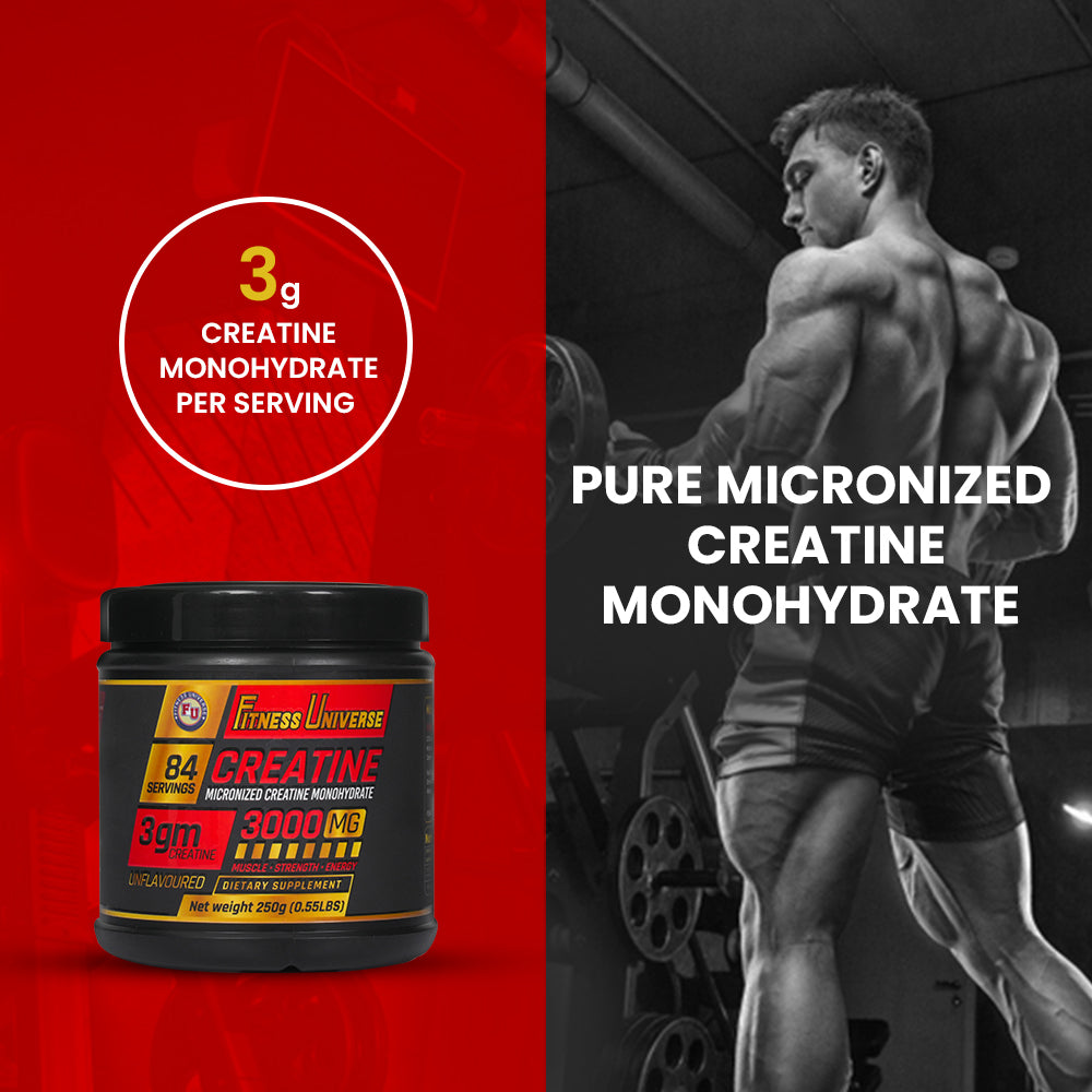 Fitness Universe Micronized Creatine Monohydrate Powder | 250g | 84 Servings | Unflavoured | Supports Performance, Muscle Strength & Power | Fast Recovery