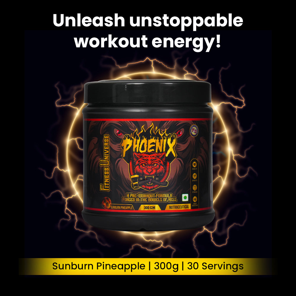 Fitness Universe Phoenix Pre-Workout Supplement | Sunburn Pineapple | 300g | 30 Servings | With Creatine Monohydrate & Beta-Alanine | Contains Natural Caffeine