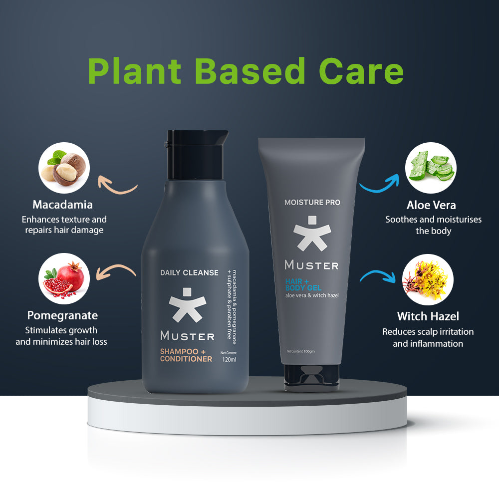 Muster Men Hair & Body Care Set | Aloe Vera Hair & Body Gel | Deep Cleanse Shampoo & Conditioner | Sulphate & Paraben Free | Gentle Care for Hair, Body, and Skin | Men Grooming Essentials