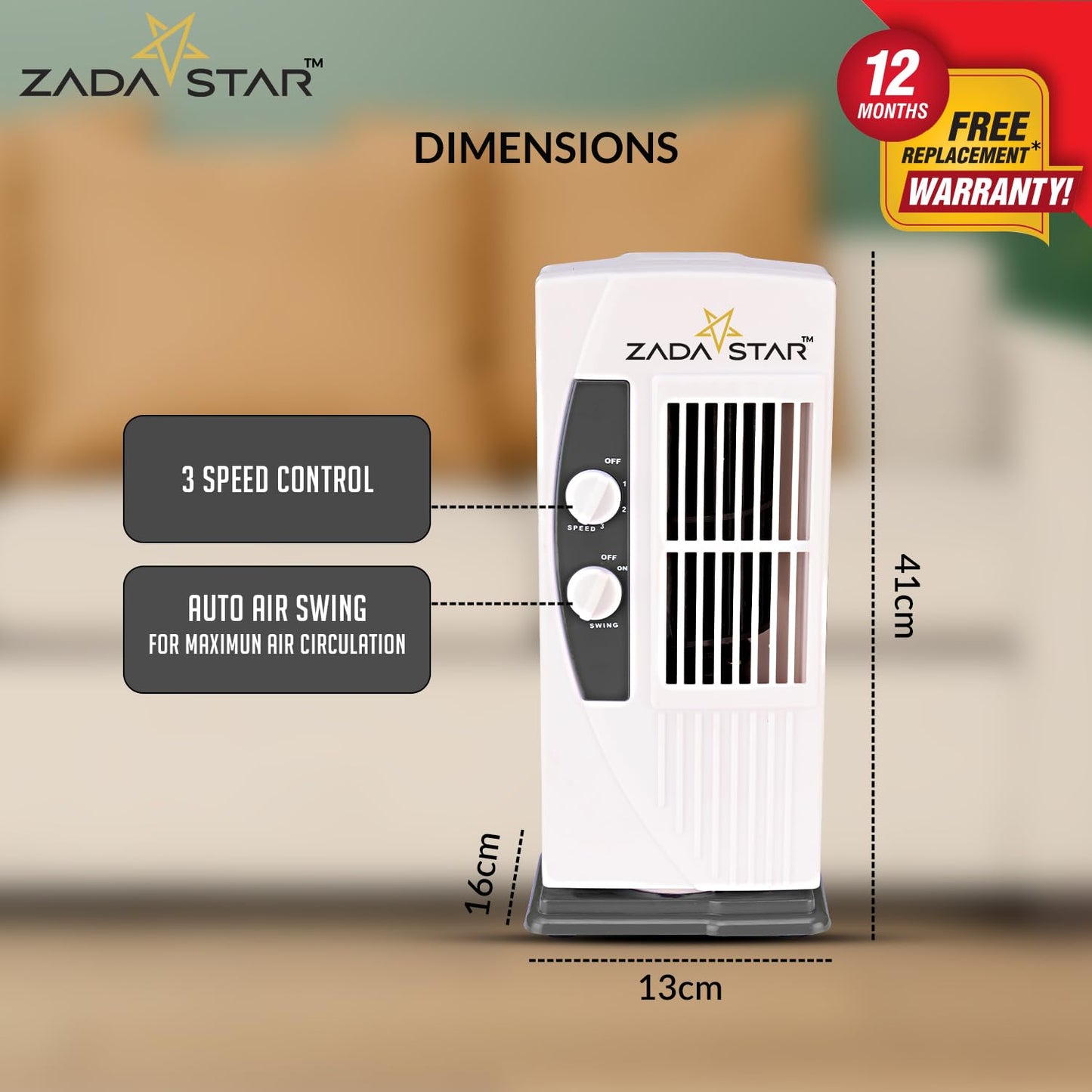 ZADASTAR ZS PERSONAL TOWER FAN | 15 Feet Air-Throw | Rust-free Body | Mini Tower fan | Child-safe (Gray)