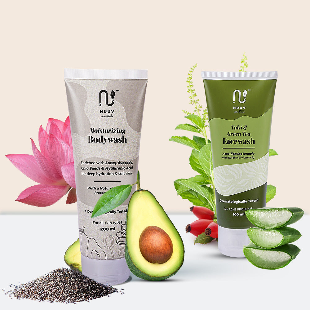 Nuuv Essential Combo - Tulsi & Green Tea Facewash & Moisturizing Bodywash | Daily Glow Duo | Vegan | Paraben-Free | Glow and Hydration | For All Skin Types | 100ml + 200ml