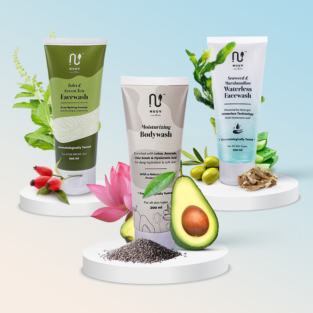 Nuuv Essential Combo - Tulsi & Green Tea Facewash | Moisturizing Bodywash | Waterless Facewash | Hydra Glow Trio | Vegan | Paraben-Free | For All Skin Types | 100ml + 200ml + 100ml