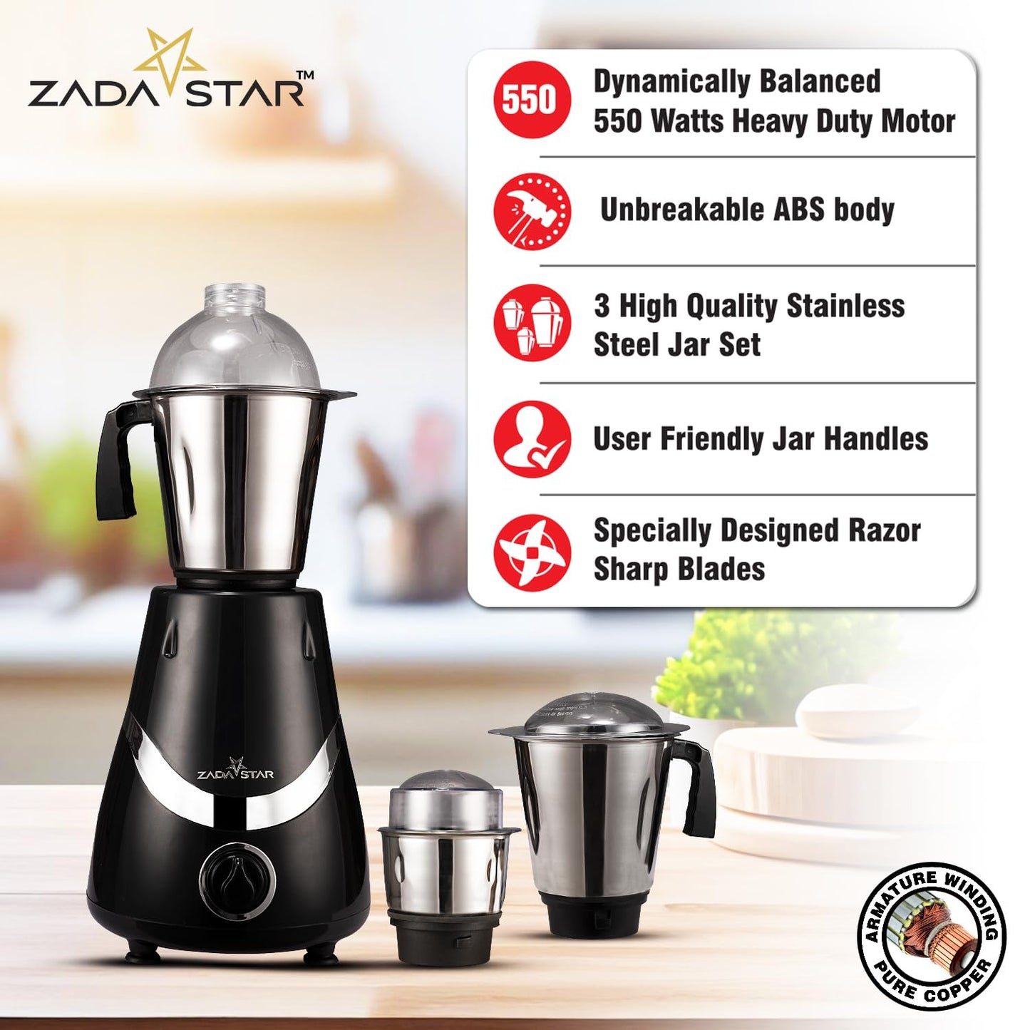 ZADASTAR ZS LUSTRA 550W Mixer Grinder | 3 Jars | Black and Silver | Overload Protection | 1 Year Replacement Warranty