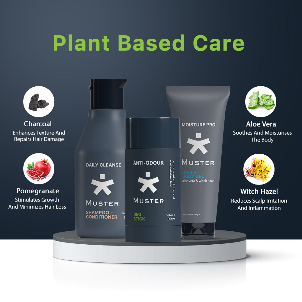 Muster Men Grooming Set | Aloe Vera Hair & Body Gel | Deep Cleanse Shampoo & Conditioner | Sulphate & Paraben Free | Anti-Odor Deo Stick | All-Day Freshness | Men Grooming Essentials