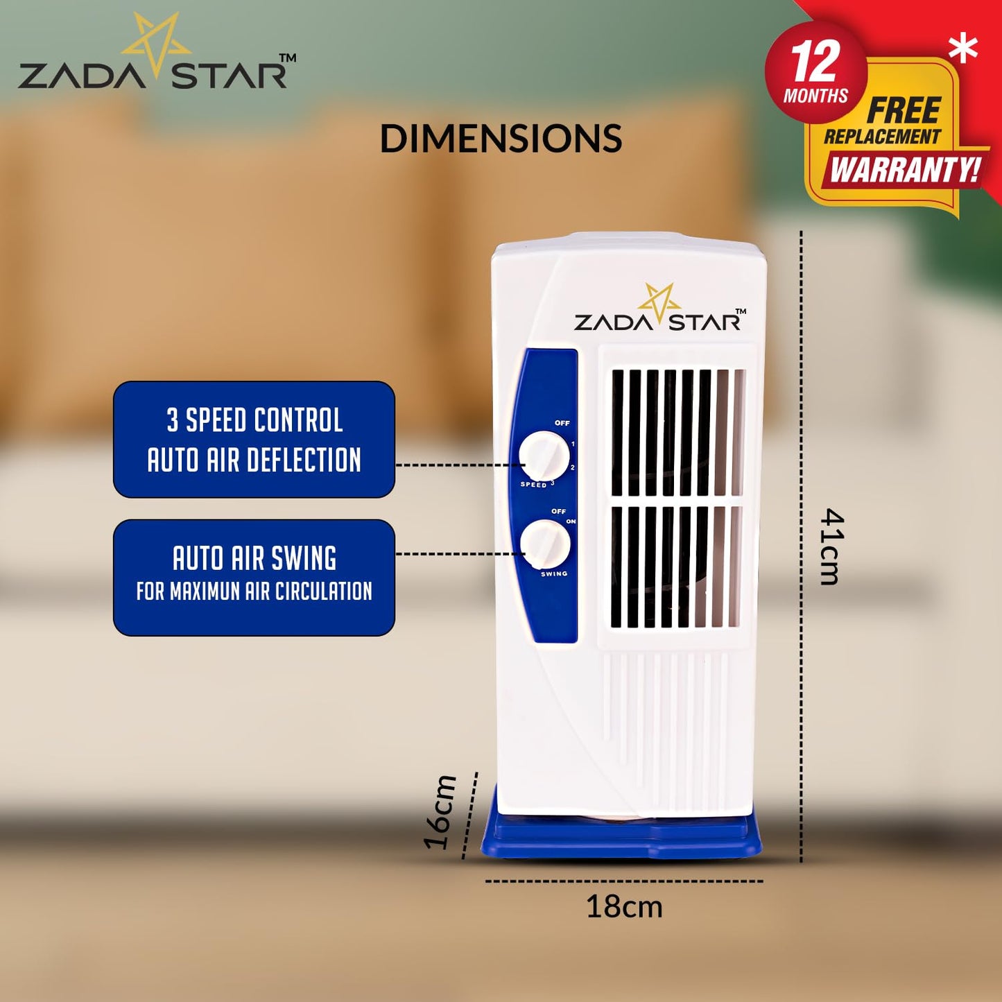 ZADASTAR ZS PERSONAL (MINI) TOWER FAN | 15 Feet Air-Throw | Rust-free Body | Mini Tower fan | Child-safe (Blue)