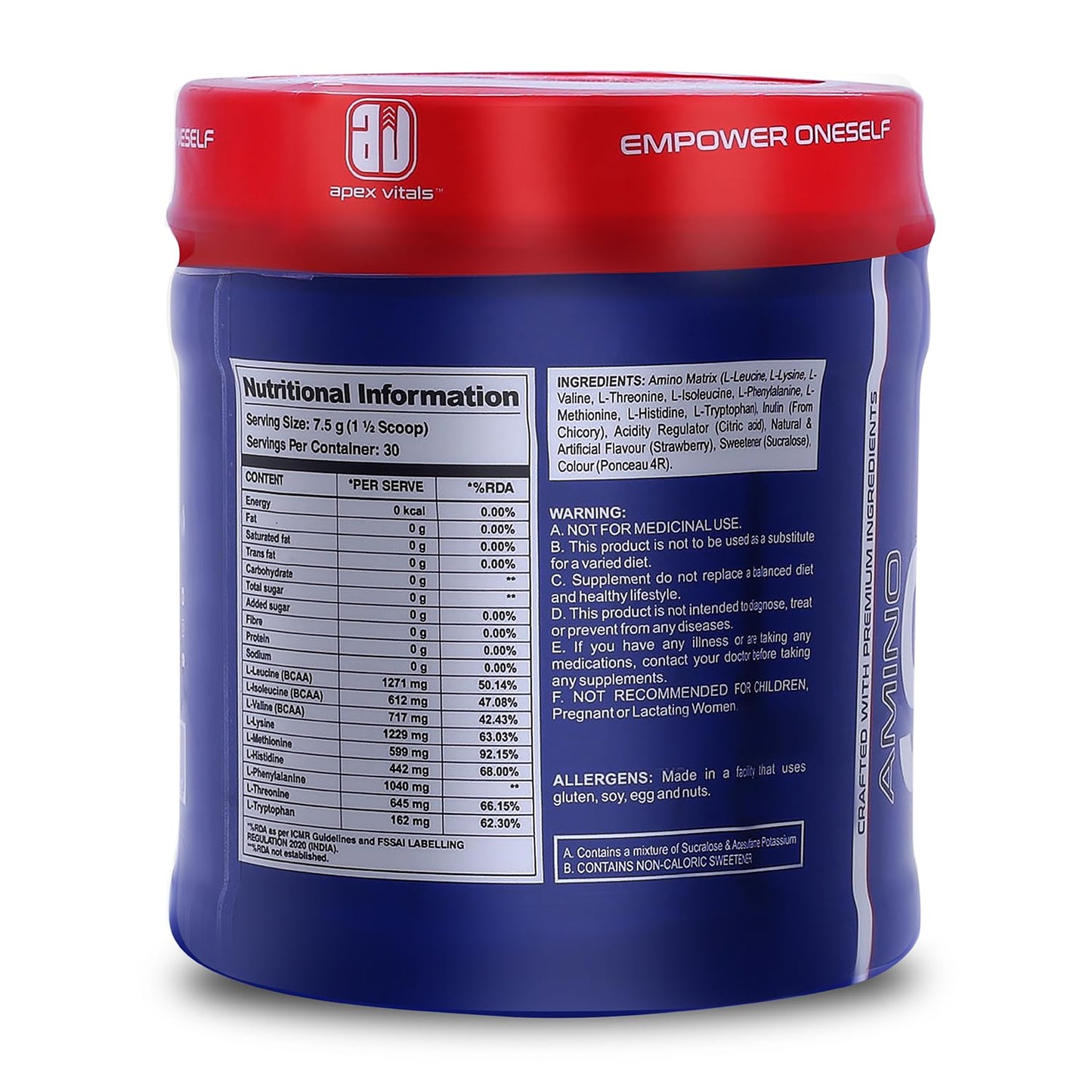 Apex Vitals Amino 9 | All 9 essential amino acids | Pre/Intra Workout Supplement | 4.9g EAA+2.6g BCAA | Natural & Fermented Plant Derived | 225g - 30 servings | Strawberry Margarita