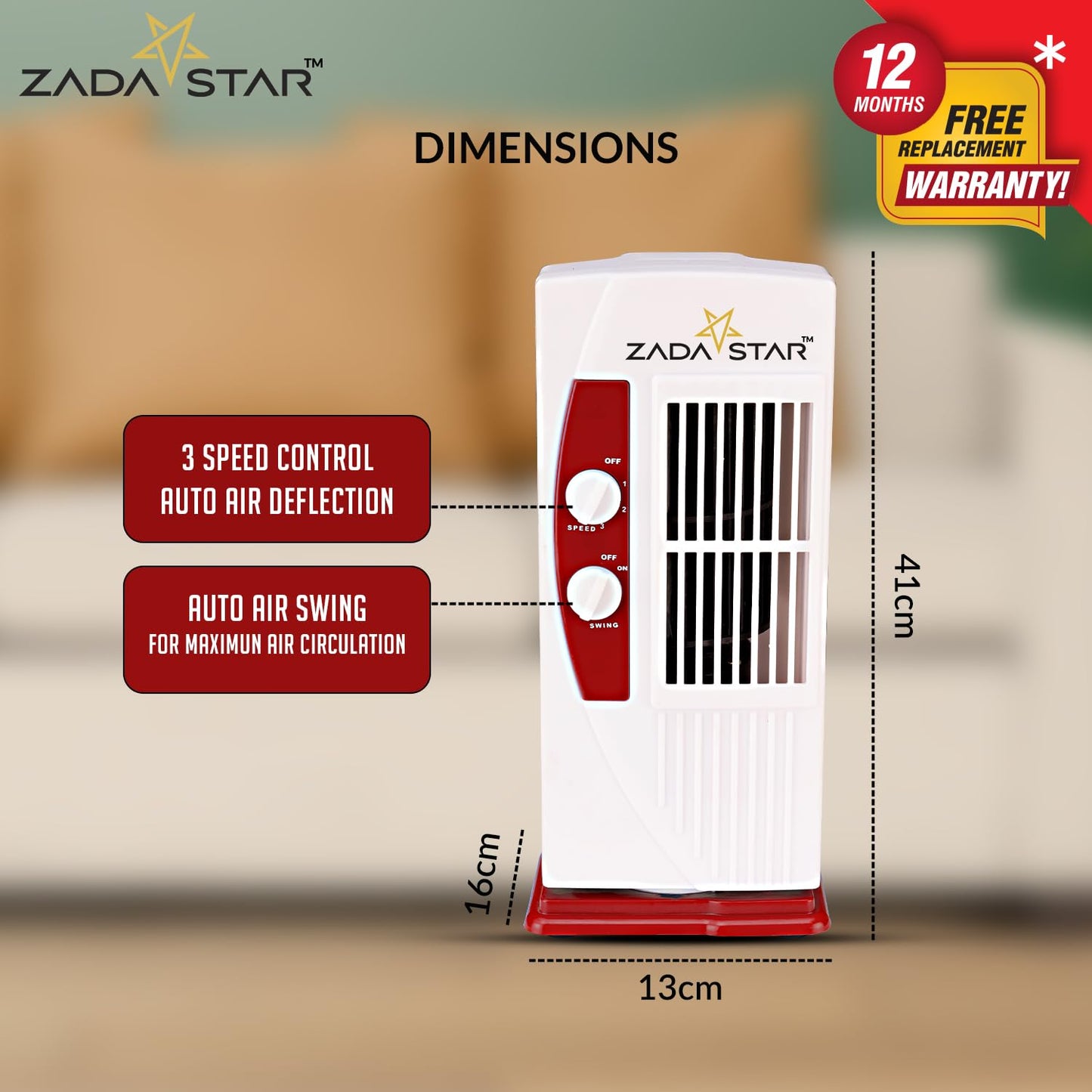 ZADASTAR ZS PERSONAL TOWER FAN | 15 Feet Air-Throw | Rust-free Body | Mini Tower fan | Child-safe (Red)