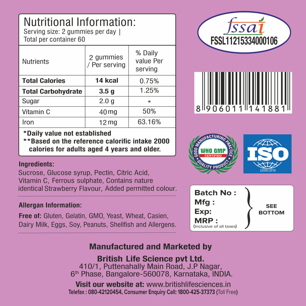 British Life Sciences Happi Kidz Iron + Vitamin C Gummies & Happi Kidz Zinc+Vitamin C Gummies Combo | Natural, Strong Bones, Muscles and Teeth, Boosts Immunity
