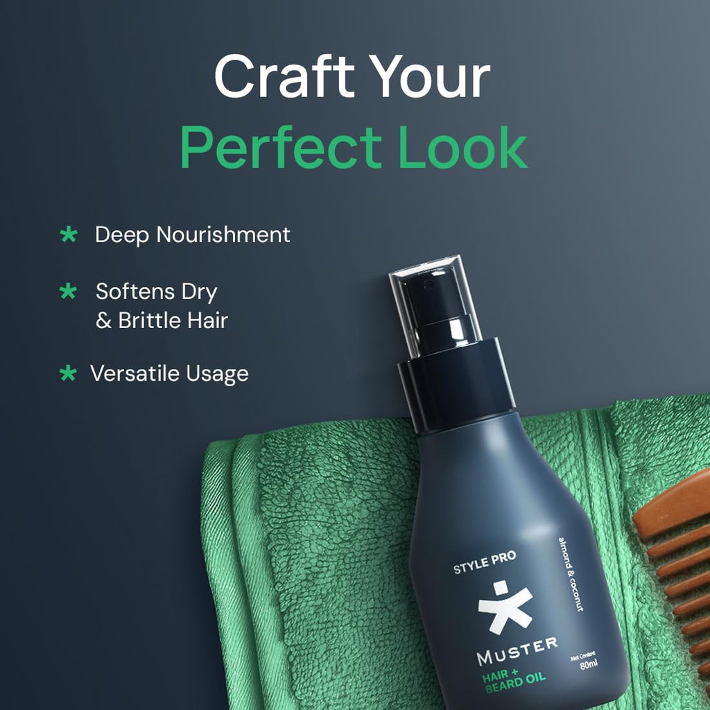 Muster Style Pro Hair & Beard Oil | 80 ML | Non-Greasy Formula | Styling Hair & Beard Spray | Almond & Coconut Oil | Deep Moisturization | Scalp & Skin Care
