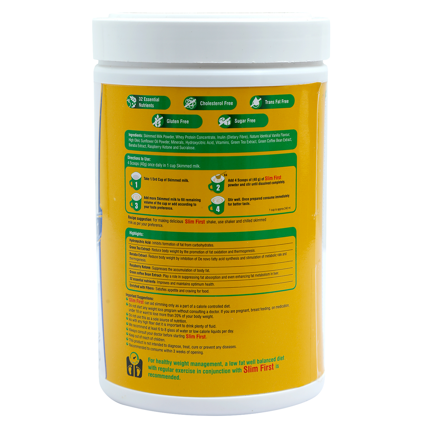 SlimFirst Meal Replacement Shake For Weight Management - 400 GM - Sugar-free, Cholesterol-free, Gluten-free Drink with (Raspberry Ketone & Banaba extract)