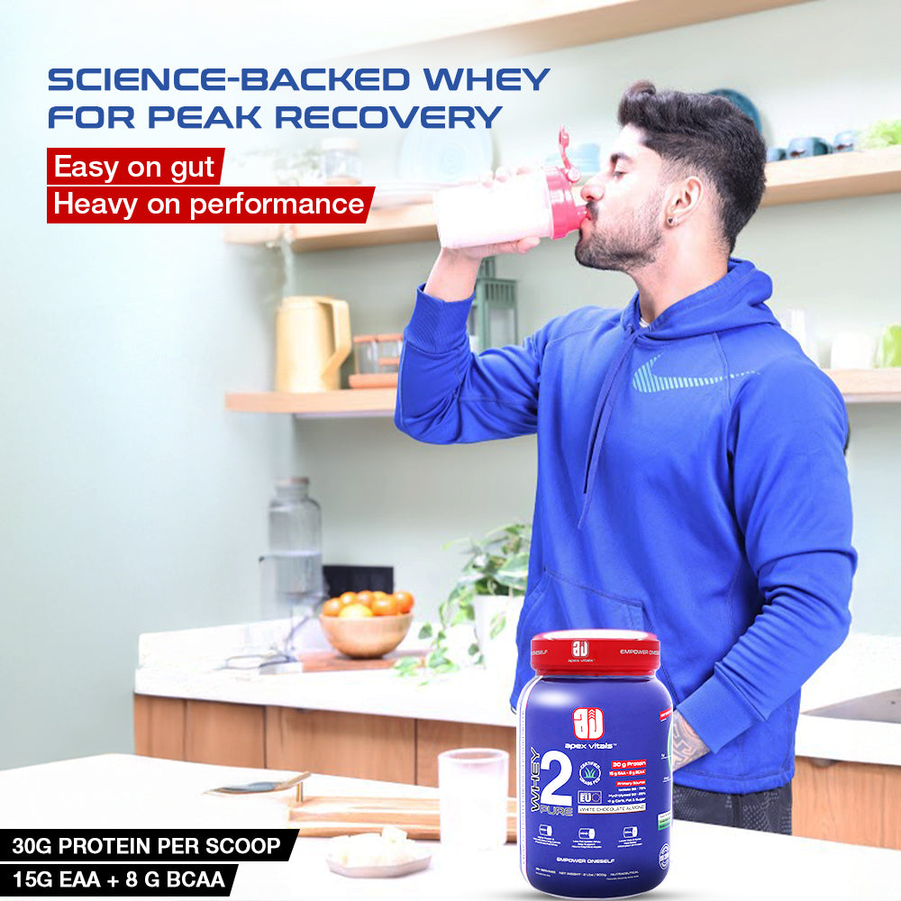 Apex Vitals Whey 2 Pure| Grass-fed Whey made in EU| Whey Isolate & Hydrolyzed| 30g protein,15g EAA+8g BCAA| Digestive Enzymes| Muscle Build & Recovery|900gm(2lbs) -25+ Ser| White Chocolate Almond