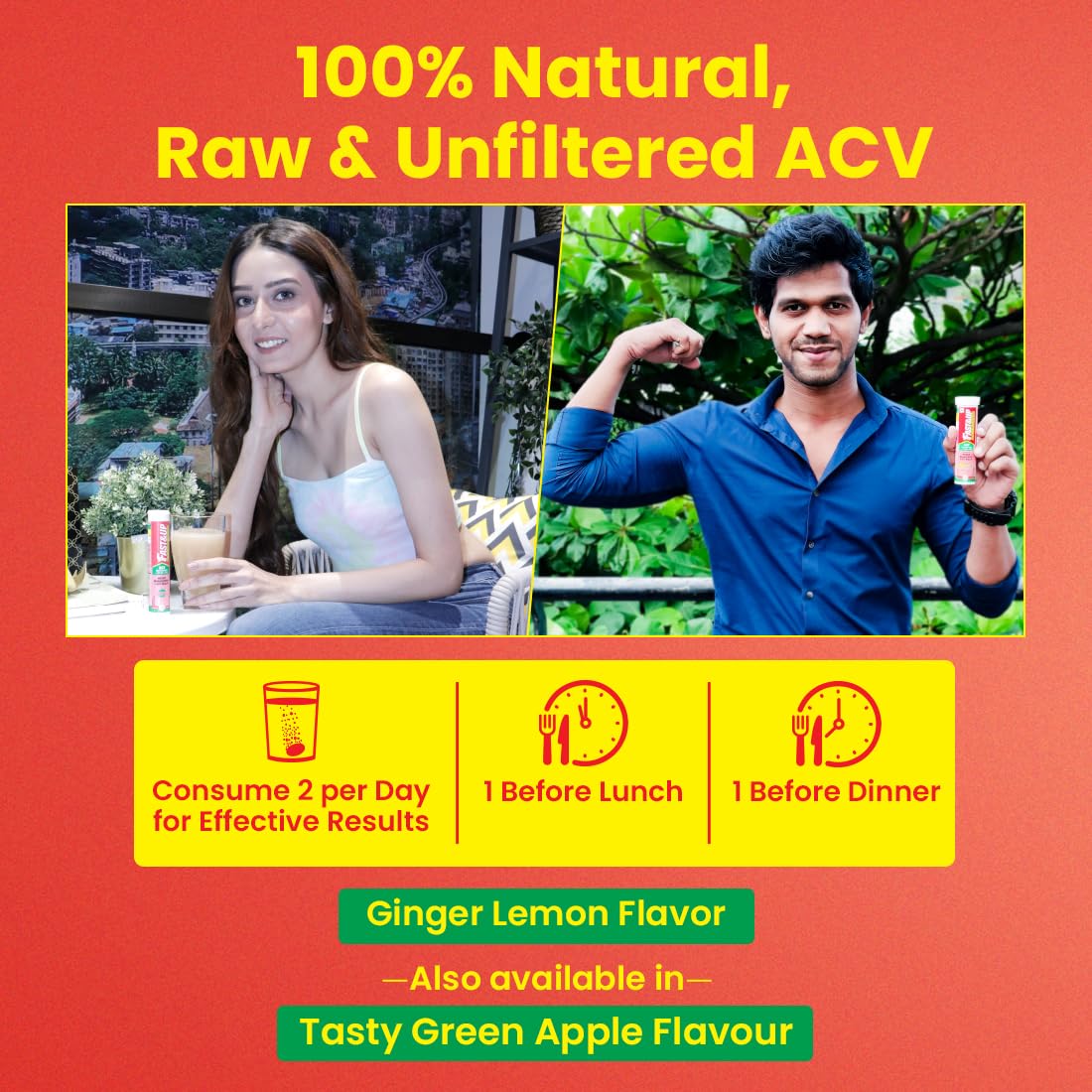 Fast&Up Apple Cider Vinegar with Mother (15 Effervescent tablets) | 1000mg ACV For Weight Management & Bloating | Made with 100% Organic Natural Himalayan Apples| Added Vit. B6 & B12 | Ginger Lemon Flavour