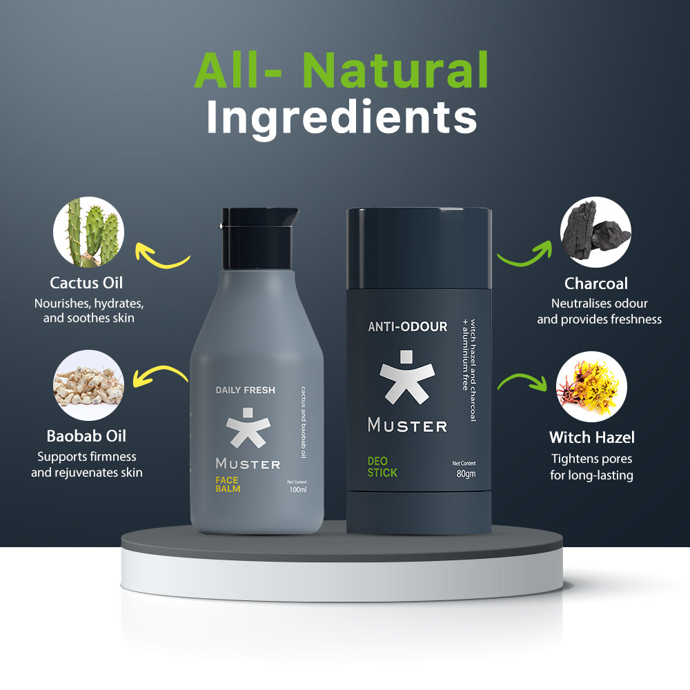 Muster Men Combo - Deo Stick & Face Balm | Aluminum-Free Deo Stick | Anti-Odour Formula | All-Day Freshness | Daily Fresh Face Balm | Post-Shave Care | Soothes Irritation | Gift Hamper for Men