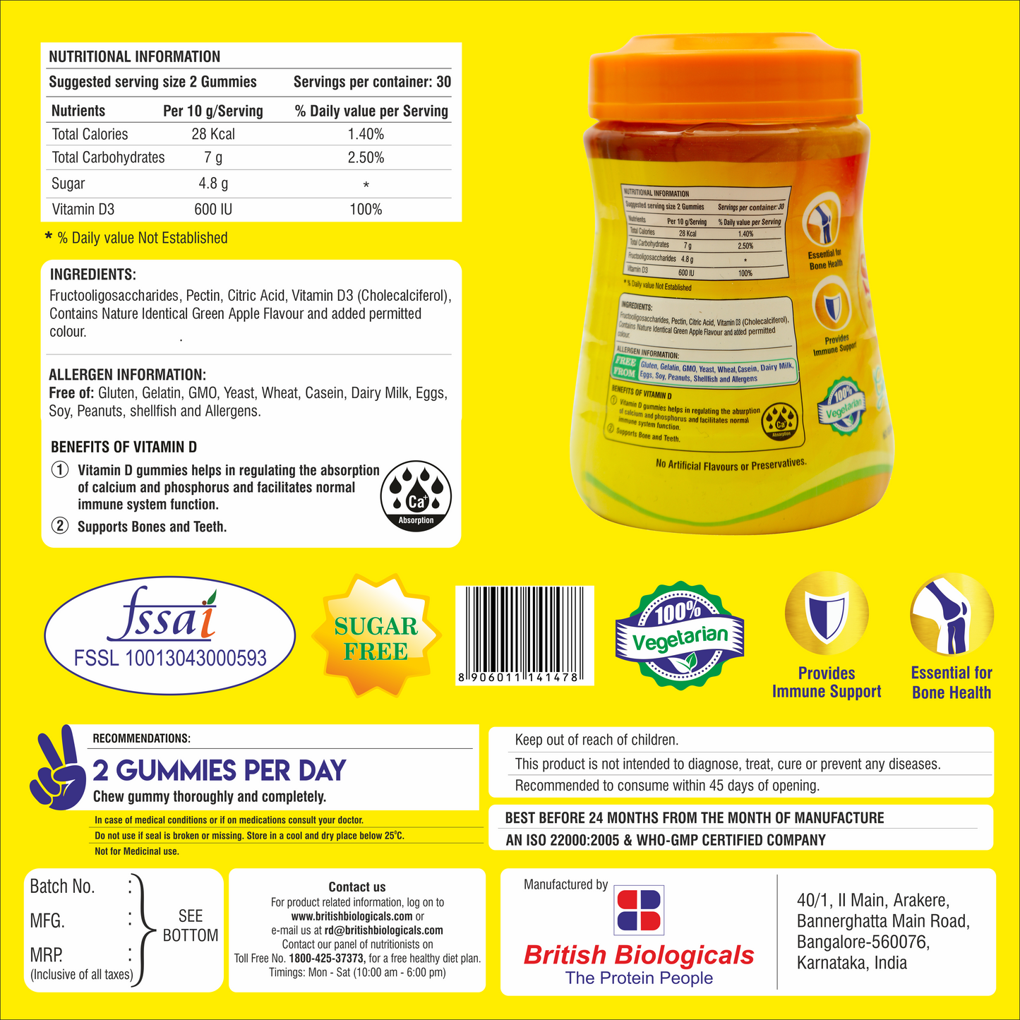 Sirus Vitamin D3 Gummies | Supports Immune System, Bones, Teeth, Brain and Nervous System | Sugar Free | Green Apple Flavor | 60 Gummies | Gluten Free | 300 g - British Biologicals