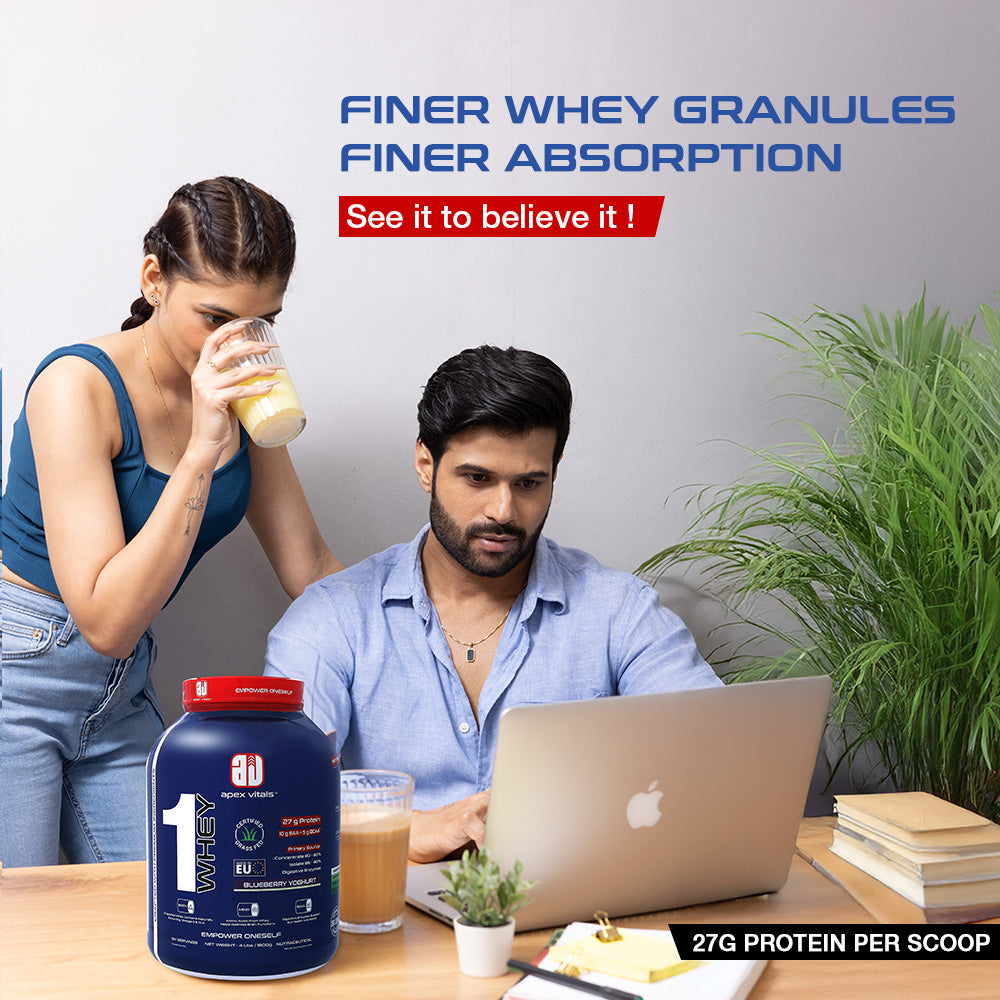 Apex Vitals 1 Whey - Grass-Fed Whey | 27g Protein, 10g EAA + 5g BCAA | Concentrate 80-60%, Isolate 86-40%, Digestive Enzymes | FDA, EFSA & FSSAI Certified|Blueberry Yogurt - 4lbs