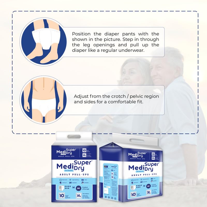 Medisuperdry Adult Diaper Pants | Extra Large (XL) |Waist 147-172 cm (58-68 inches) |High Absorbency -10 Hrs |Leakproof |Breathable |Odourless |Elastic Waist |For Men & Women | 100 Units, Pack of 10