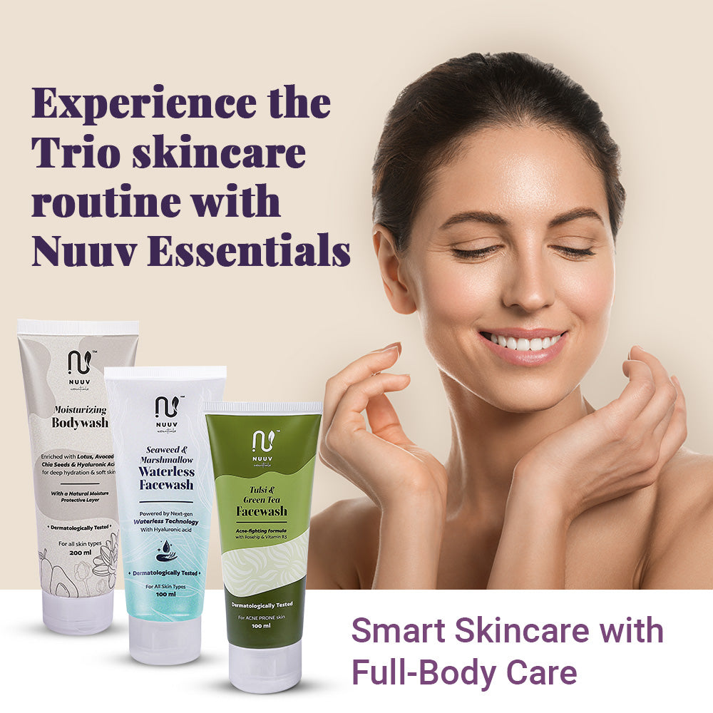 Nuuv Essential Combo - Tulsi & Green Tea Facewash | Moisturizing Bodywash | Waterless Facewash | Hydra Glow Trio | Vegan | Paraben-Free | For All Skin Types | 100ml + 200ml + 100ml