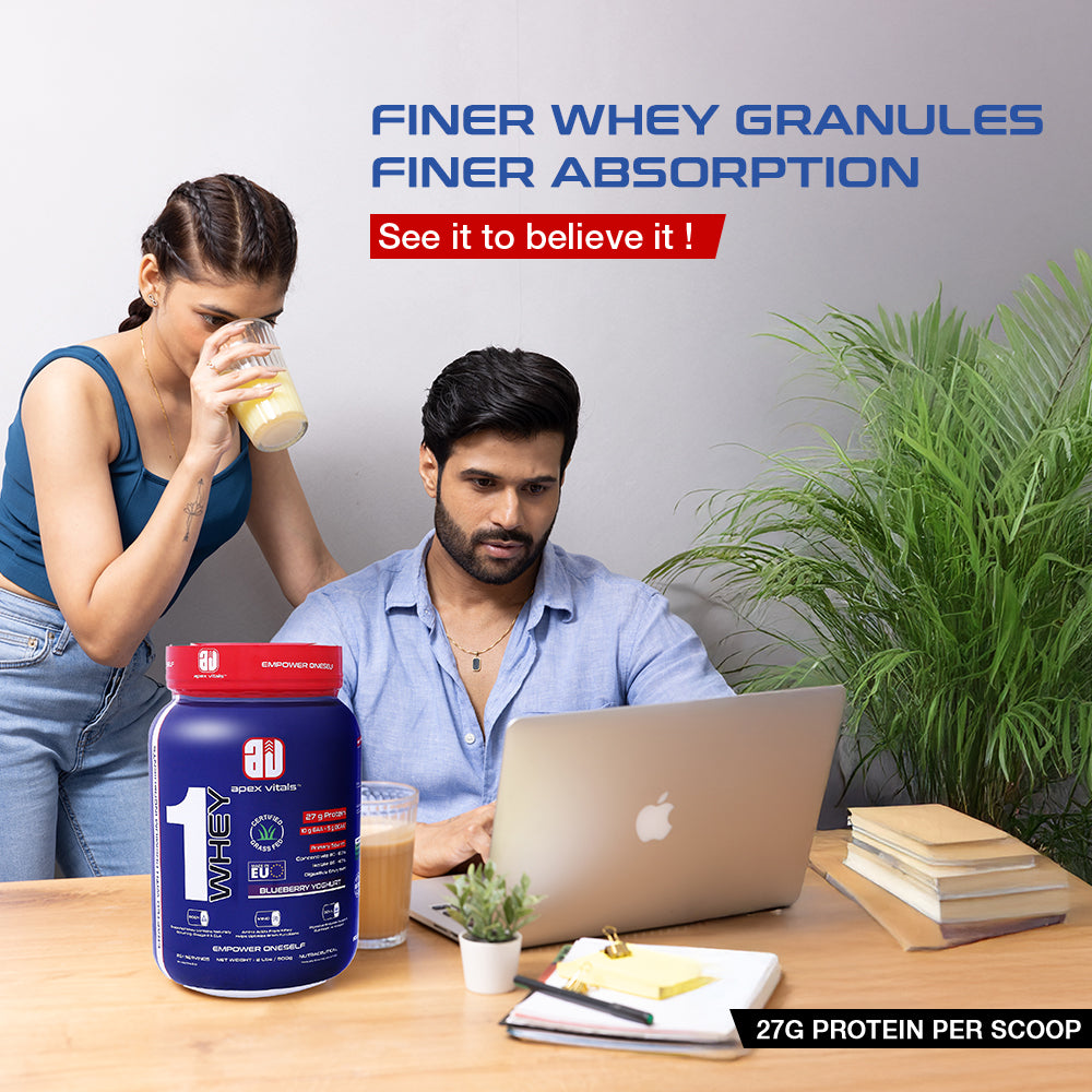 Apex Vitals 1 Whey|Grass-Fed Whey|Made In Europe|FDA,EFSA & FSSAI Certified|27g Protein, 10g EAA+ 5g BCAA|Concentrate 80-60%, Isolate 86-40%,Digestive Enzymes|2lbs (900g)-25+ Ser- Blueberry Yoghurt