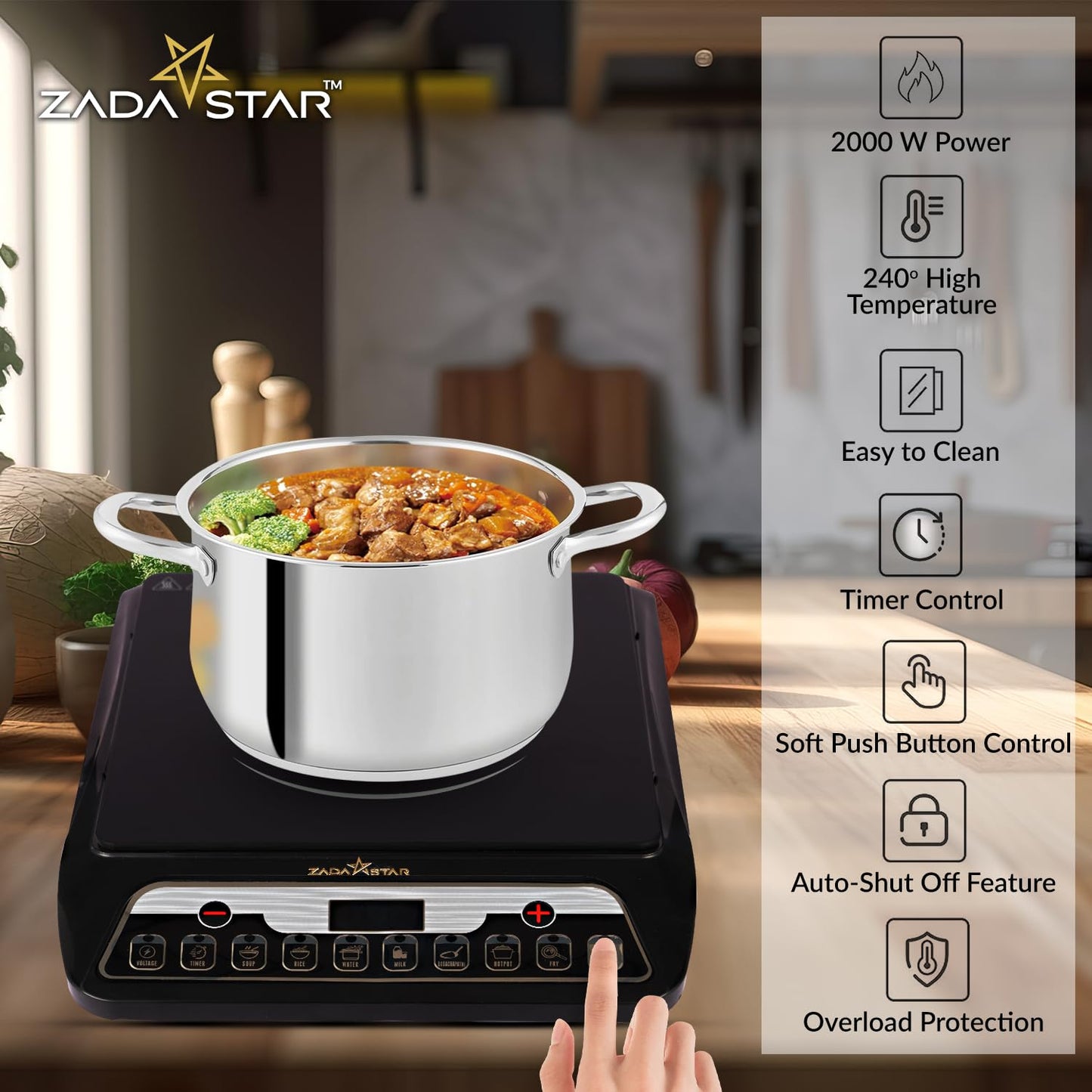 ZADASTAR ZS ELITE 2000 Watts Induction Cooktop | Soft Push Button Control | 7 Cooking Functions | Built-in Timer | Auto Shut-off Safety Feature | BIS Certified