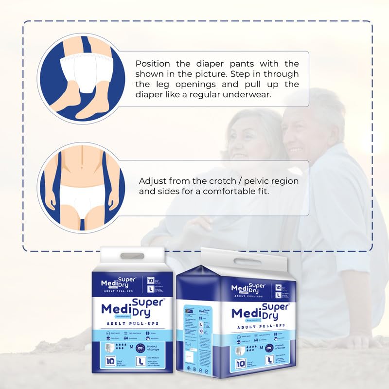 Medisuperdry Adult Diaper Pants | Large (L) |Waist 101-152 cm (40-60 inches) |High Absorbency -10 Hrs |RashFree |Leakproof |Breathable |Odourless |Elastic Waist |For Men & Women |100 Units, Pack of 10