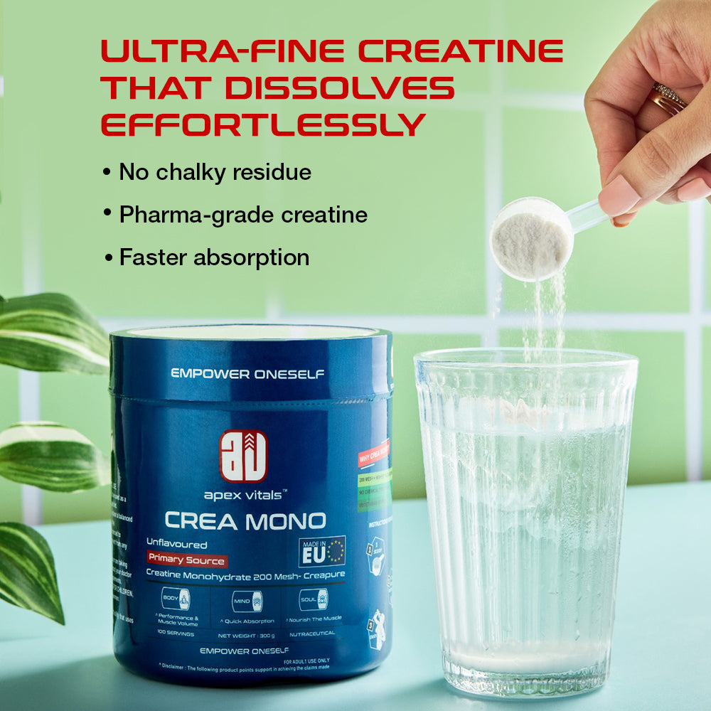 Apex Vitals Crea Mono Micronized Creatine Monohydrate 300 G - 100 Ser | German Made | Pharma Grade | Made In Europe | FDA,EFSA & FSSAI Certified | 200 Mesh - Highest Filteration | Fermented & Vegetarian Source