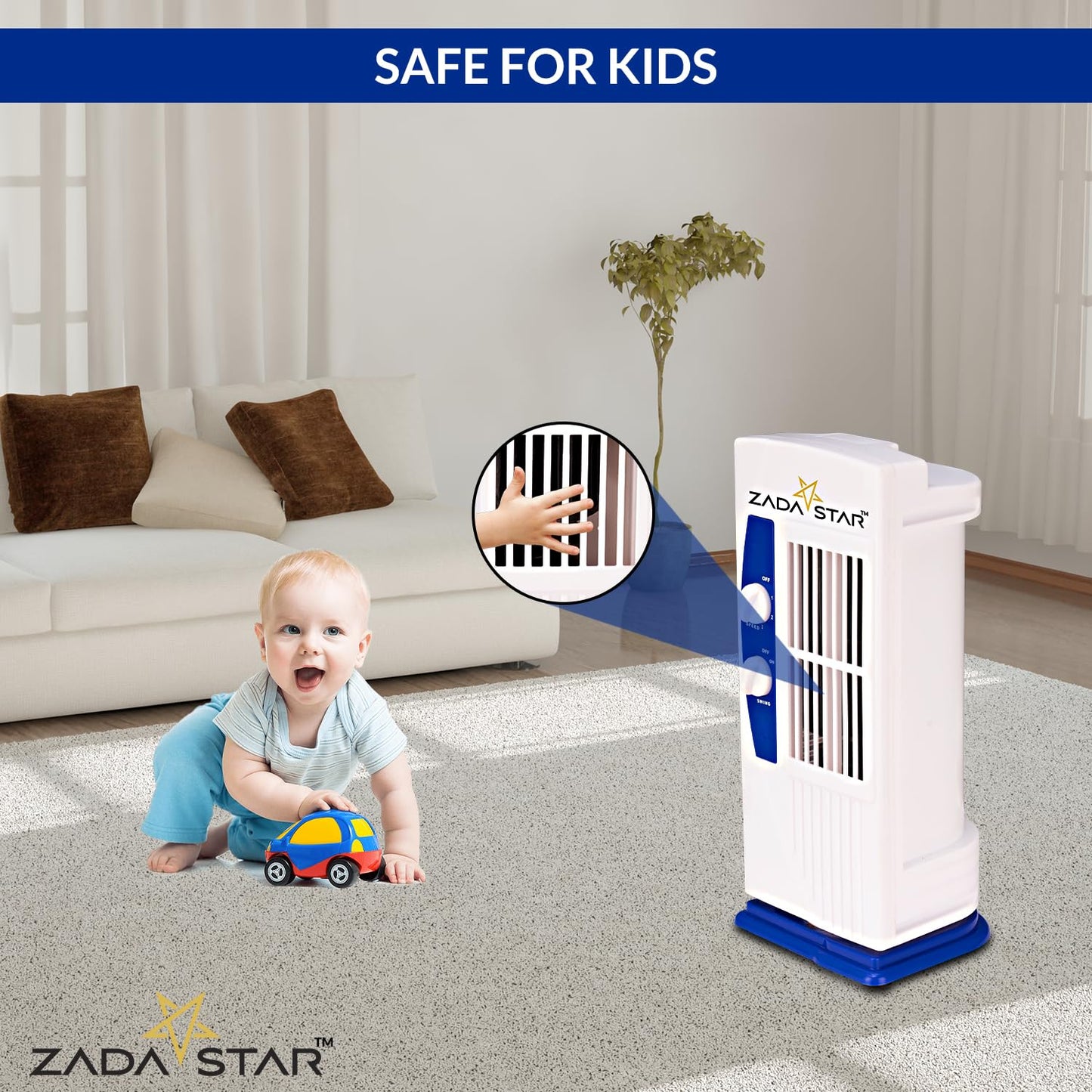 ZADASTAR ZS PERSONAL (MINI) TOWER FAN | 15 Feet Air-Throw | Rust-free Body | Mini Tower fan | Child-safe (Blue)