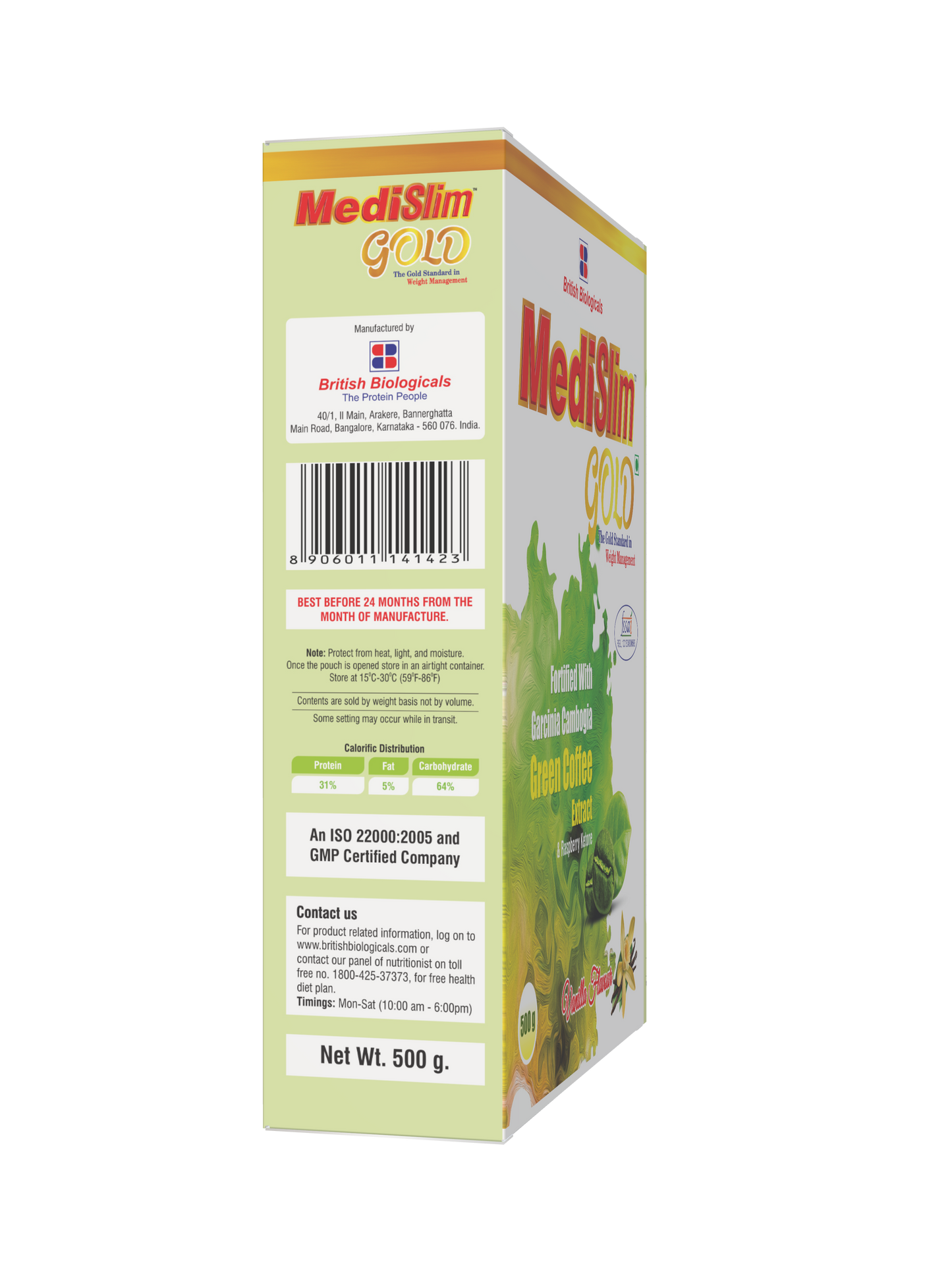 Medislim Gold Meal Replacement Shake For Weight Management - 500 GM - Sugar-free, Cholesterol-free, Zero Trans-fat, Gluten-free Drink with (Goodness of Garcinia Cambogia, Raspberry, Ketone) - BRITISH BIOLOGICALS.