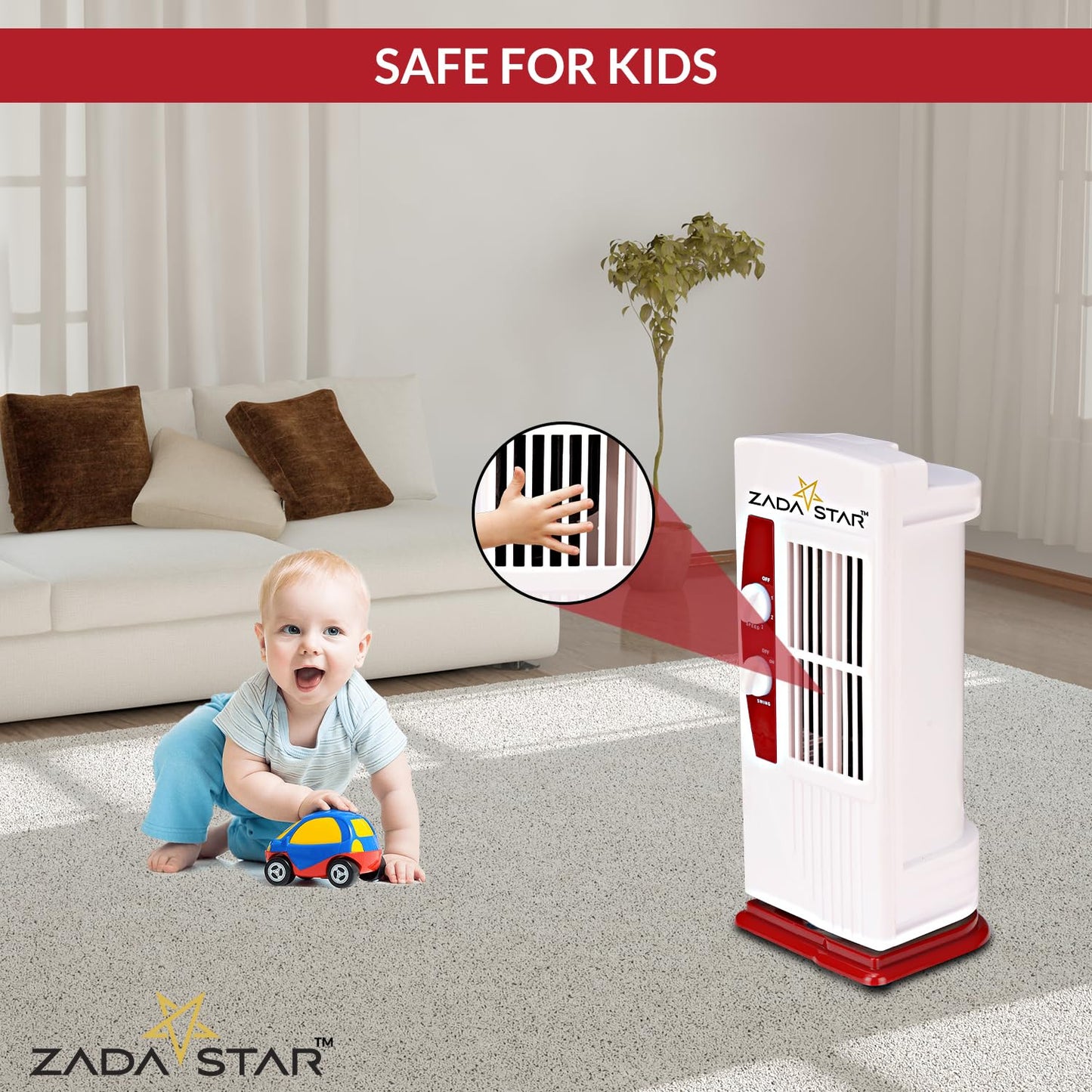 ZADASTAR ZS PERSONAL TOWER FAN | 15 Feet Air-Throw | Rust-free Body | Mini Tower fan | Child-safe (Red)