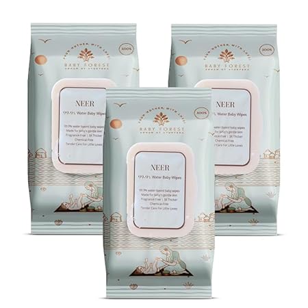 Baby Forest Neer 99.9% Water Baby Wipes- Pack of 3 | Ideal for 0 Plus Months | No Added Fragrance | Cruelty-Free | Plant-Based Formulations | Pack of 3 Wipes | Dermatologically Tested