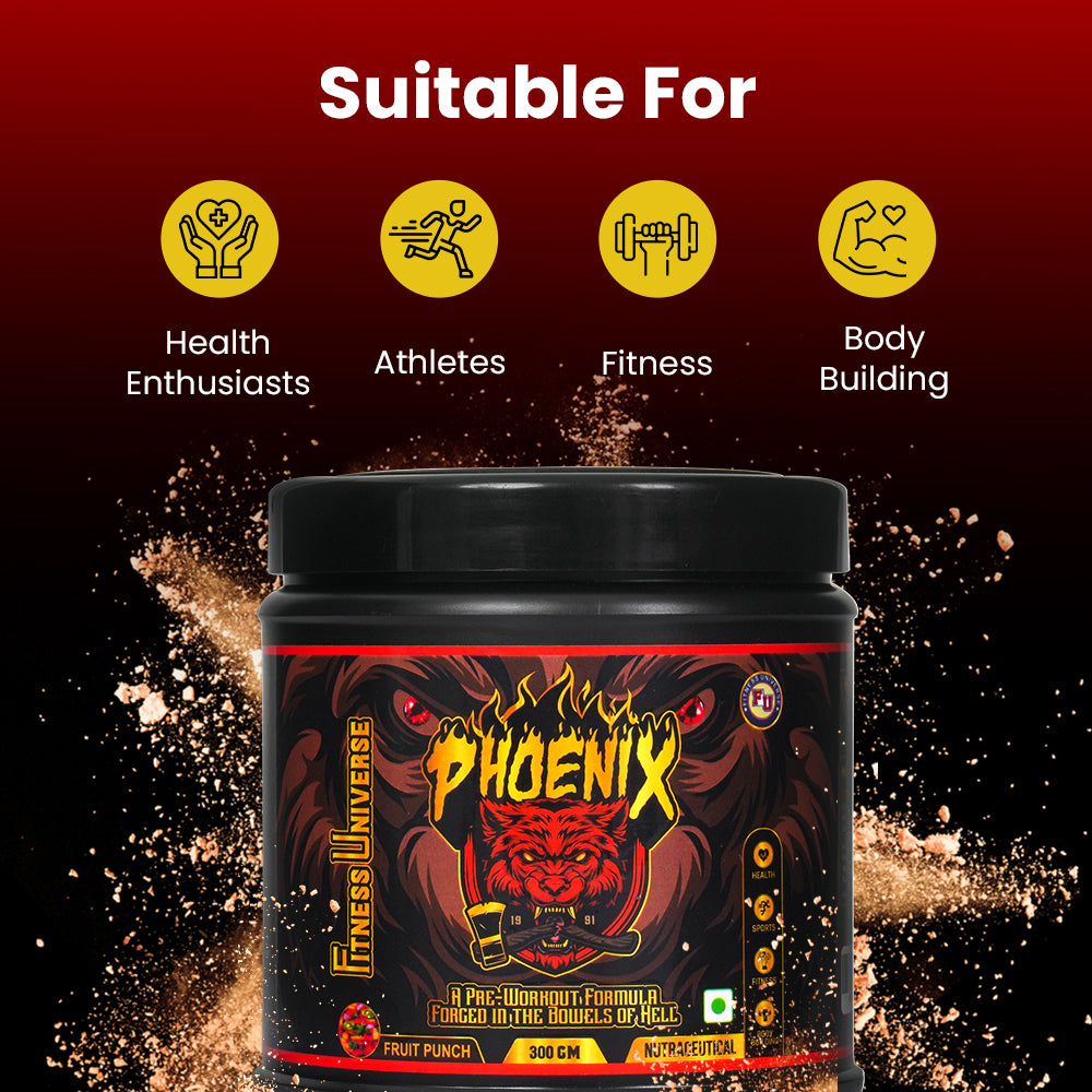 Fitness Universe Phoenix Pre-Workout Supplement | Fruit Punch | 300g | 30 Servings | With Creatine Monohydrate & Beta-Alanine | Contains Natural Caffeine | For Performance & Energy Boost